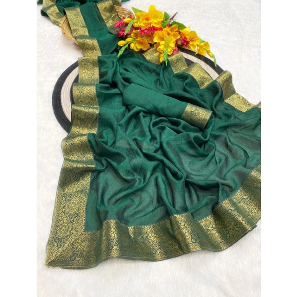 Women's Vichitra Silk Printed Saree With Unstitched Blouse 5.5Mtr闁?Green)