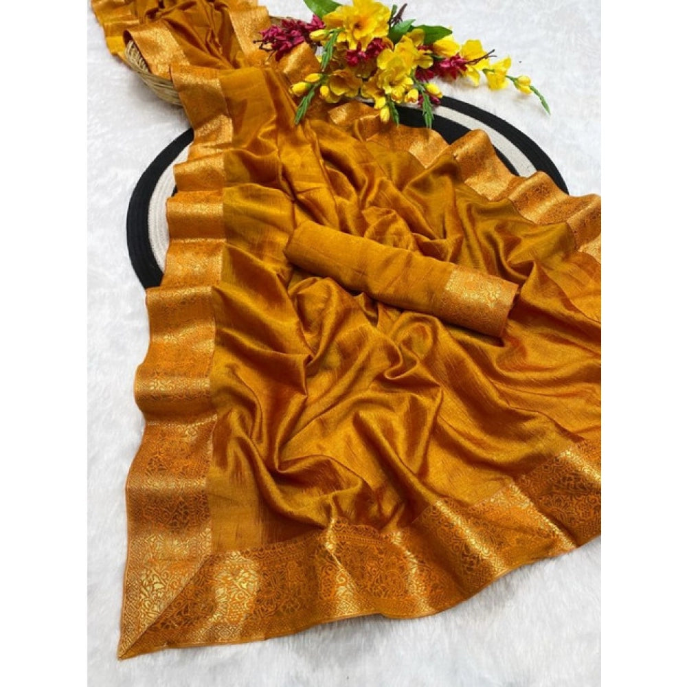 Women's Vichitra Silk Printed Saree With Unstitched Blouse 5.5Mtr闁?Mustard)