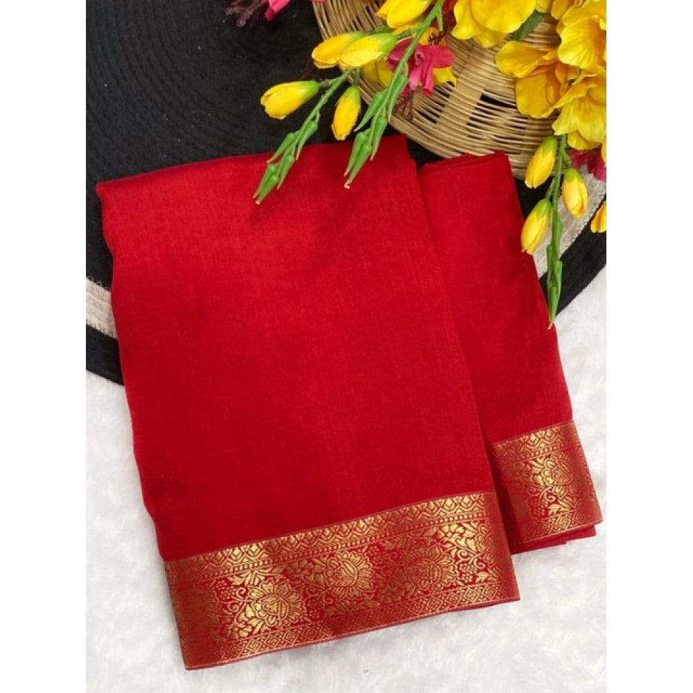Women's Vichitra Silk Printed Saree With Unstitched Blouse 5.5Mtr闁?Red)