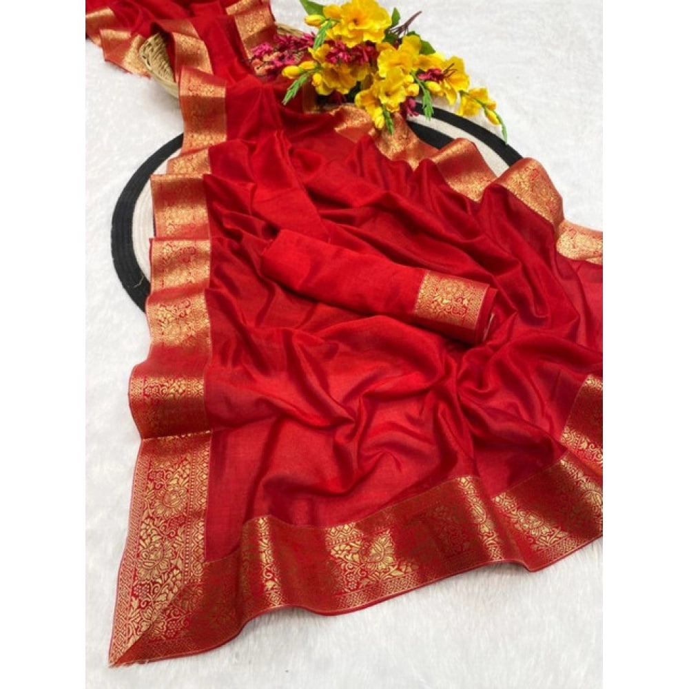Women's Vichitra Silk Printed Saree With Unstitched Blouse 5.5Mtr闁?Red)