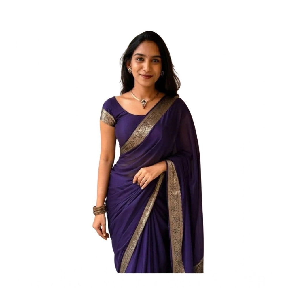 Women's Vichitra Silk Printed Saree With Unstitched Blouse 5.5Mtr闁?Purple)