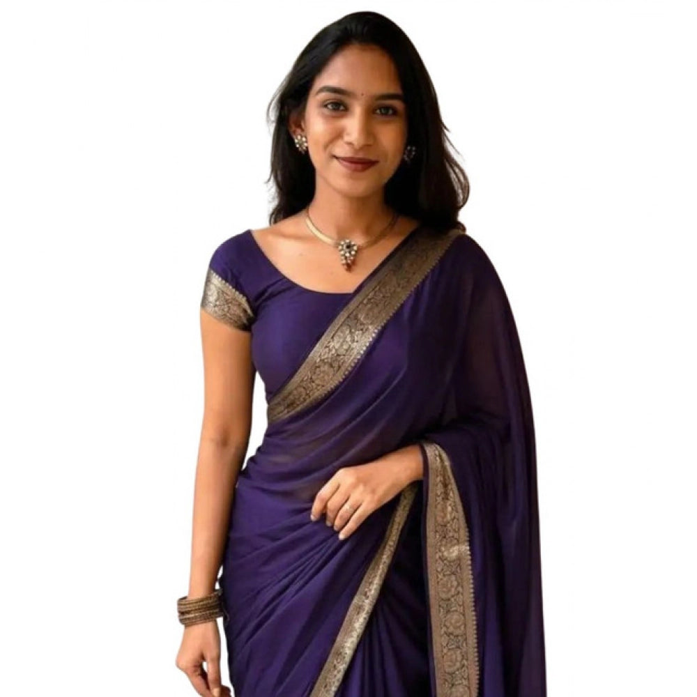 Women's Vichitra Silk Printed Saree With Unstitched Blouse 5.5Mtr闁?Purple)