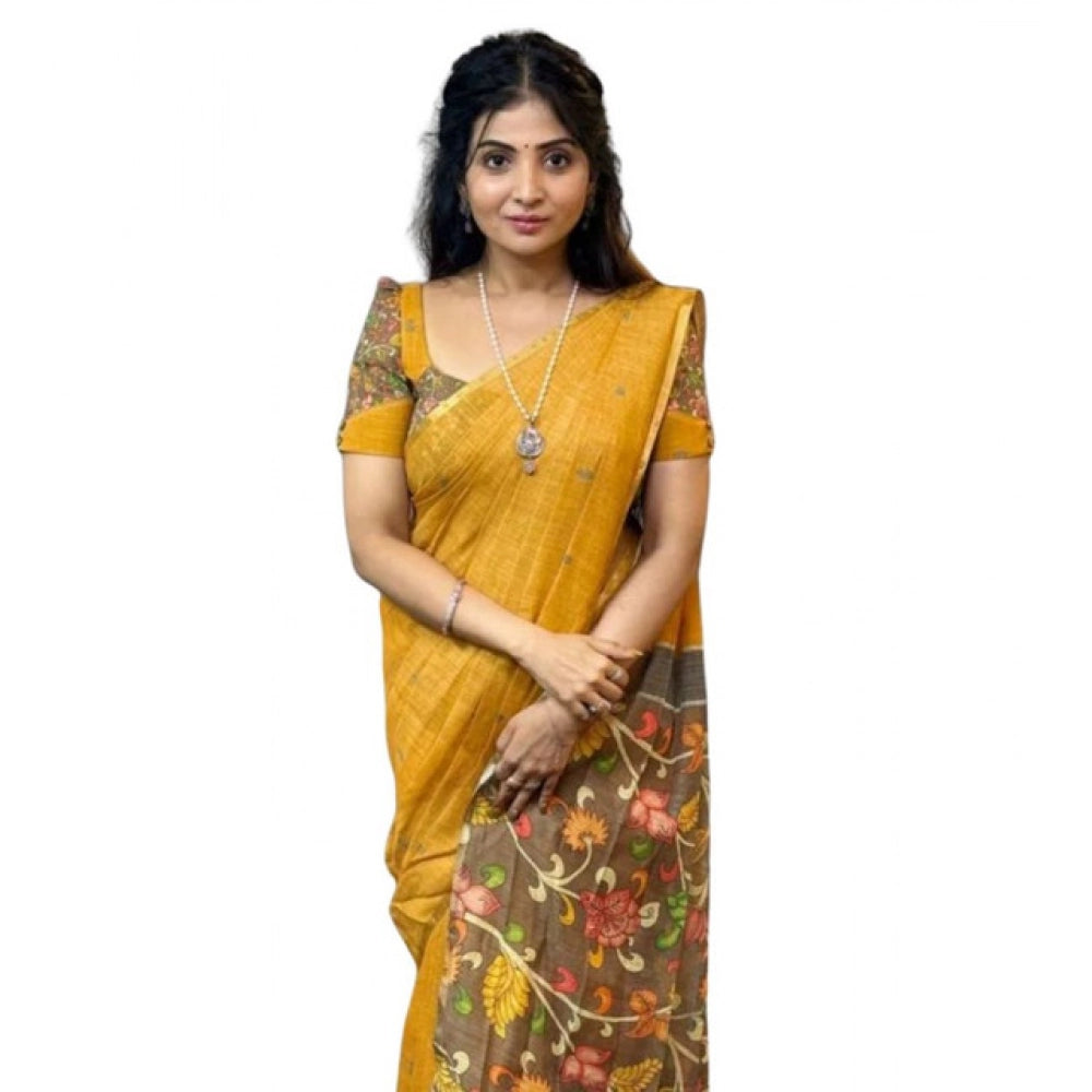 Women's Linen Printed Saree With Unstitched Blouse 5.5Mtr闁?Mustard)