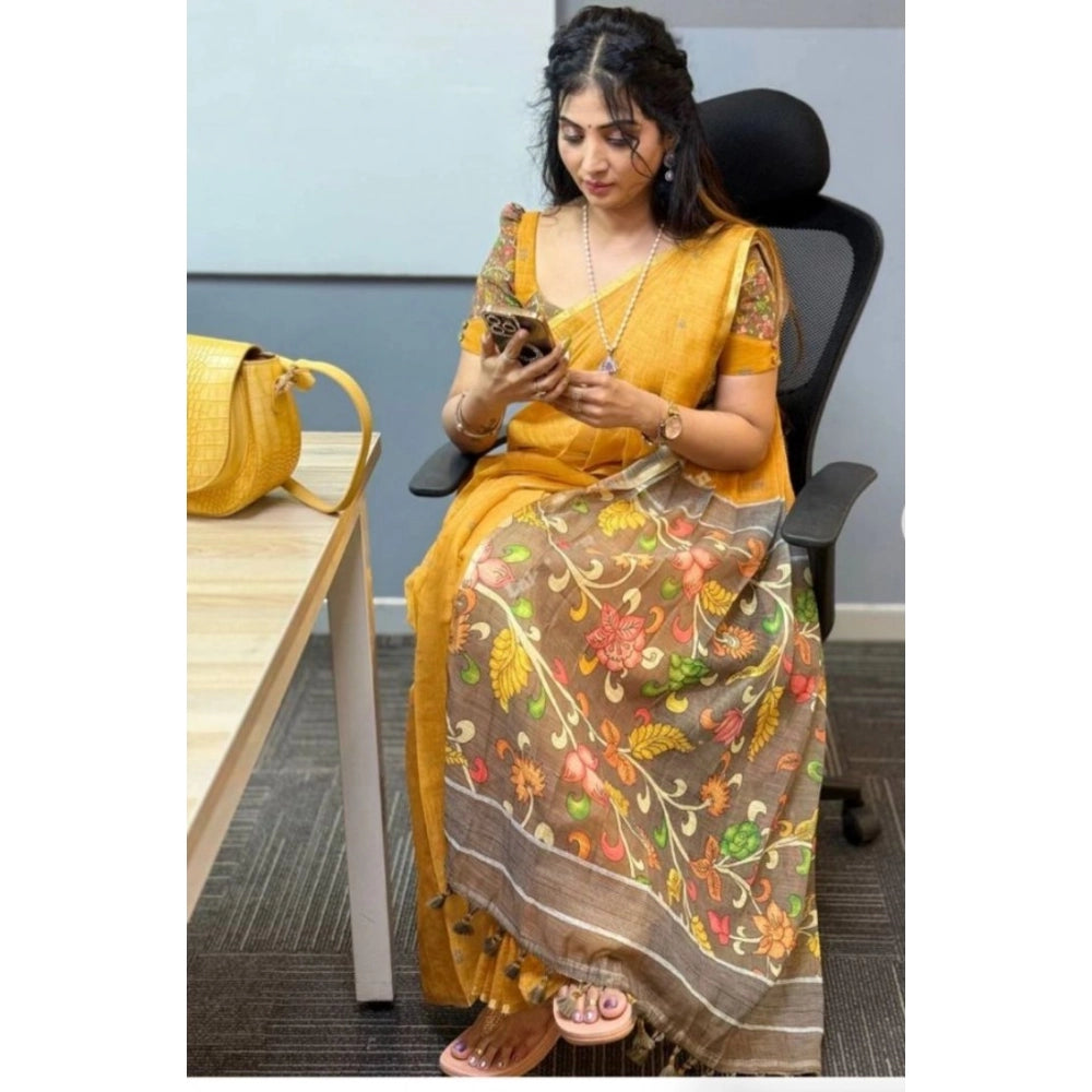 Women's Linen Printed Saree With Unstitched Blouse 5.5Mtr闁?Mustard)