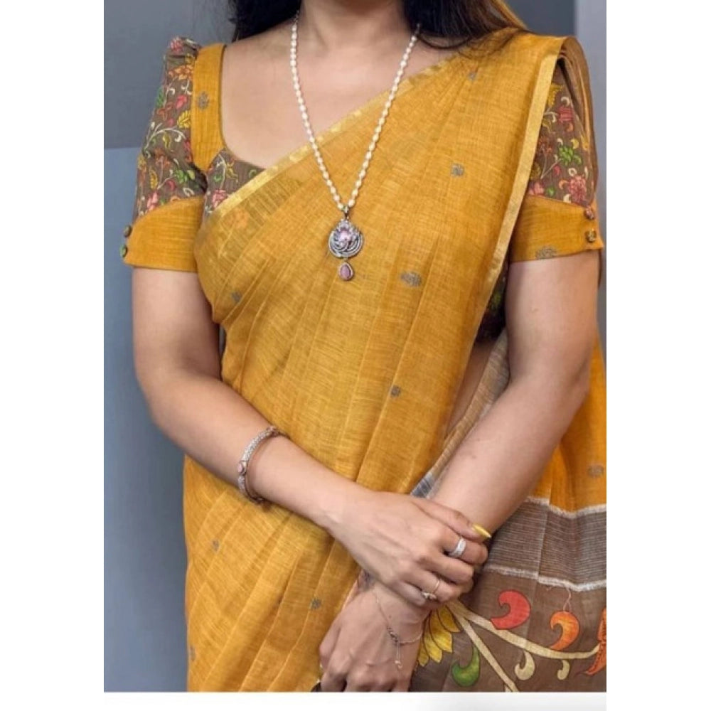 Women's Linen Printed Saree With Unstitched Blouse 5.5Mtr闁?Mustard)