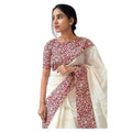 Women's Linen Printed Saree With Unstitched Blouse 5.5Mtr闁?White)