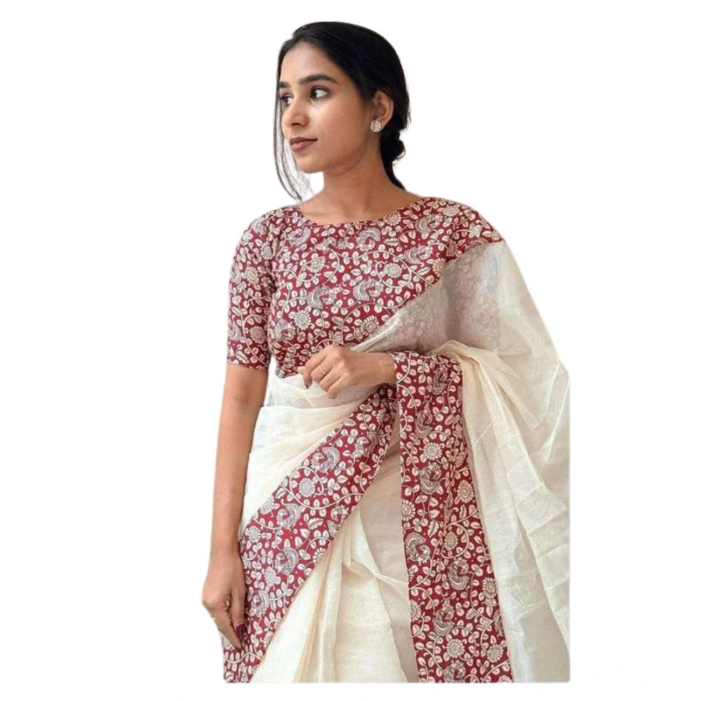 Women's Linen Printed Saree With Unstitched Blouse 5.5Mtr闁?White)