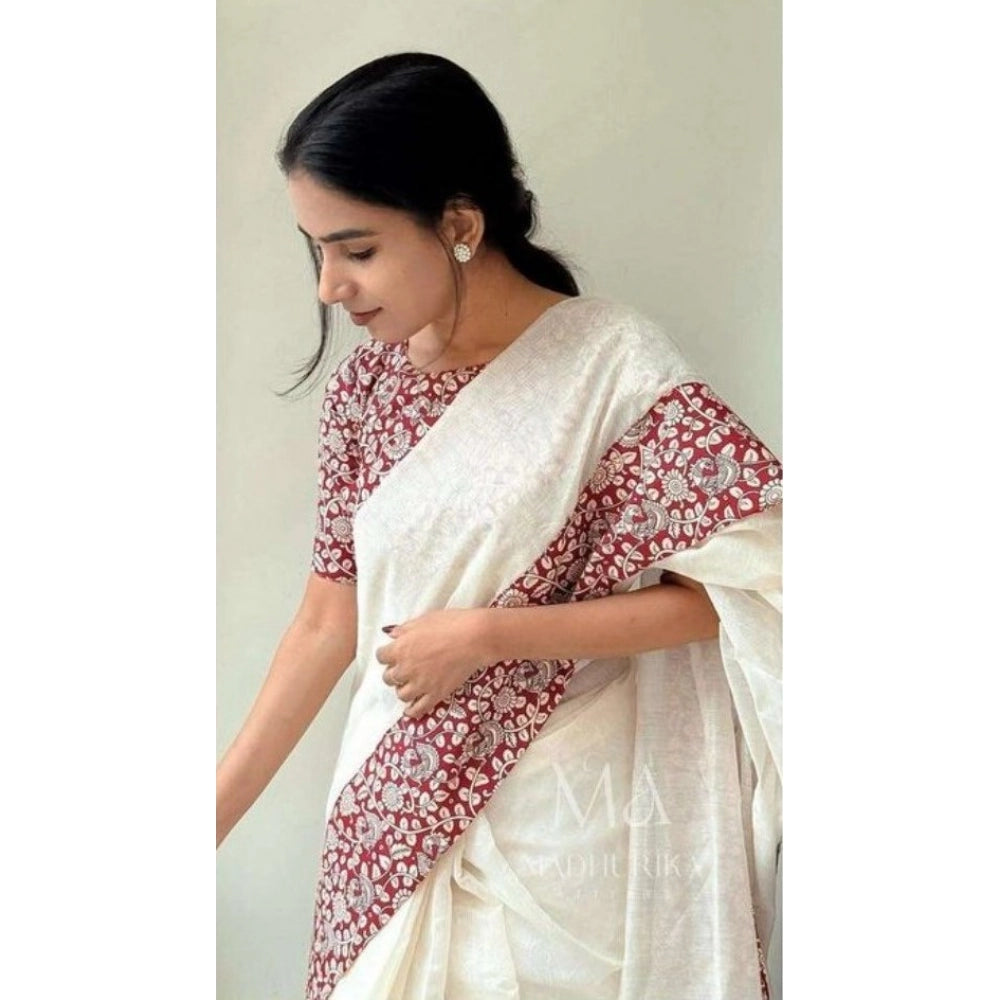 Women's Linen Printed Saree With Unstitched Blouse 5.5Mtr闁?White)
