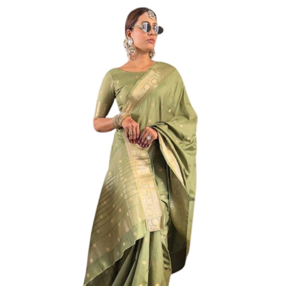 Women's Satin Printed Saree With Unstitched Blouse 5.5Mtr闁?Green)