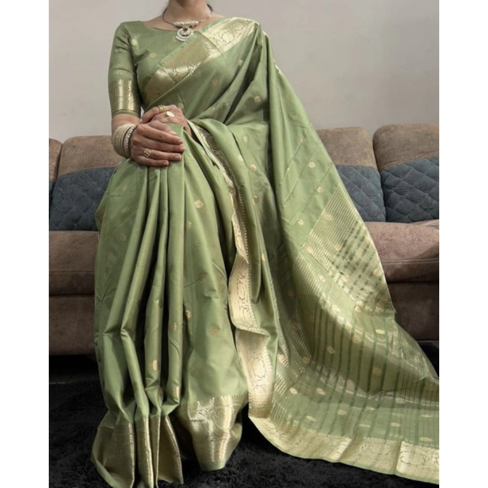Women's Satin Printed Saree With Unstitched Blouse 5.5Mtr闁?Green)