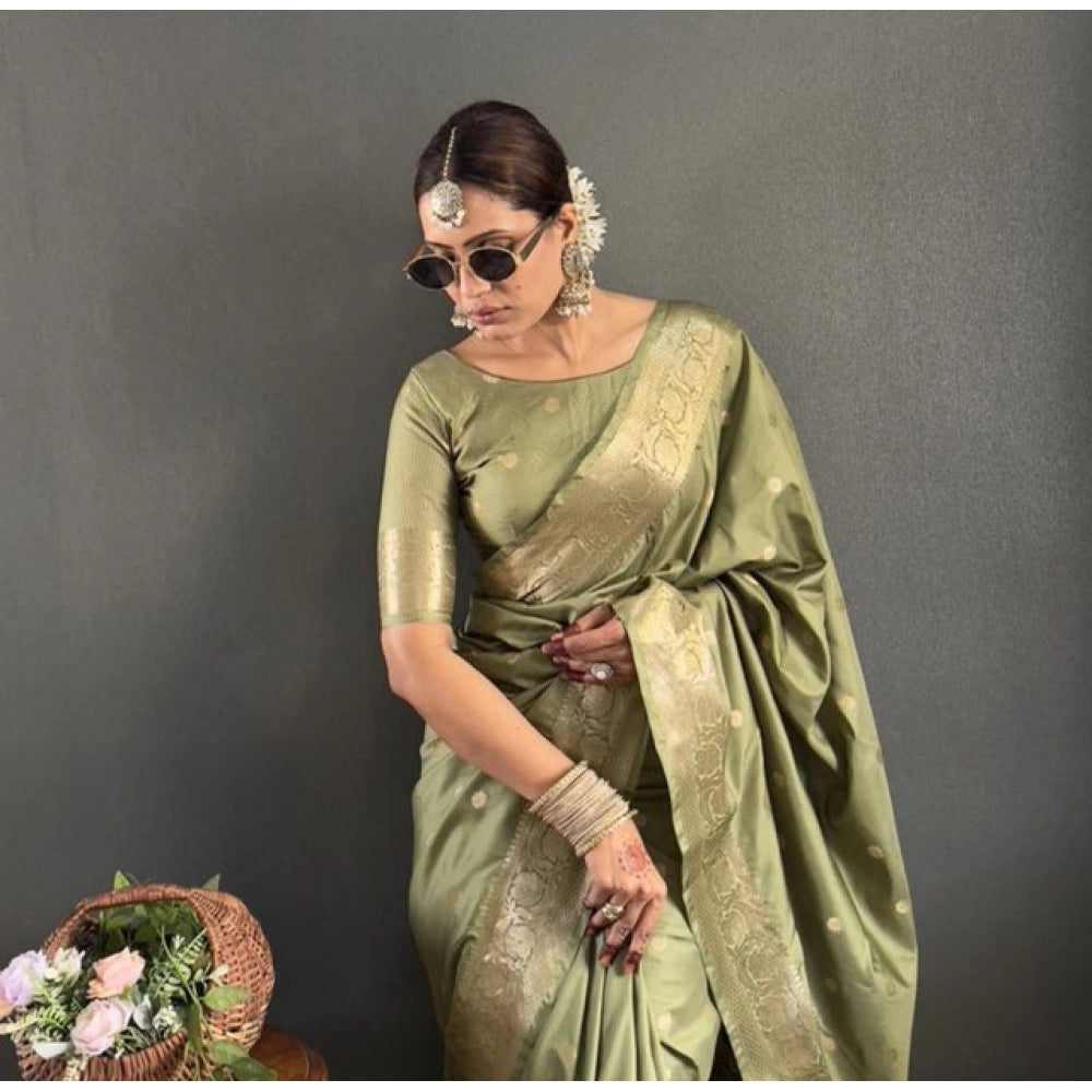 Women's Satin Printed Saree With Unstitched Blouse 5.5Mtr闁?Green)