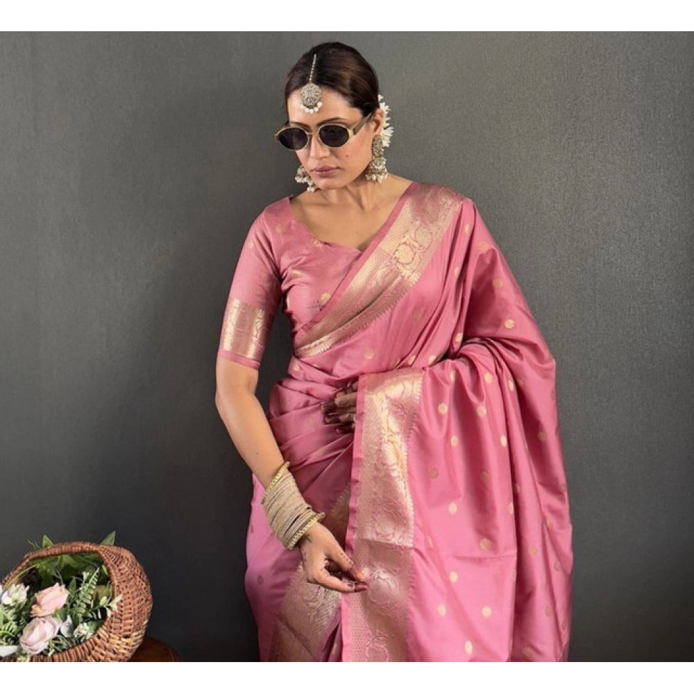 Women's Satin Printed Saree With Unstitched Blouse 5.5Mtr闁?Pink)