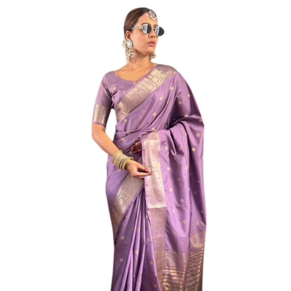 Women's Satin Printed Saree With Unstitched Blouse 5.5Mtr闁?Purple)
