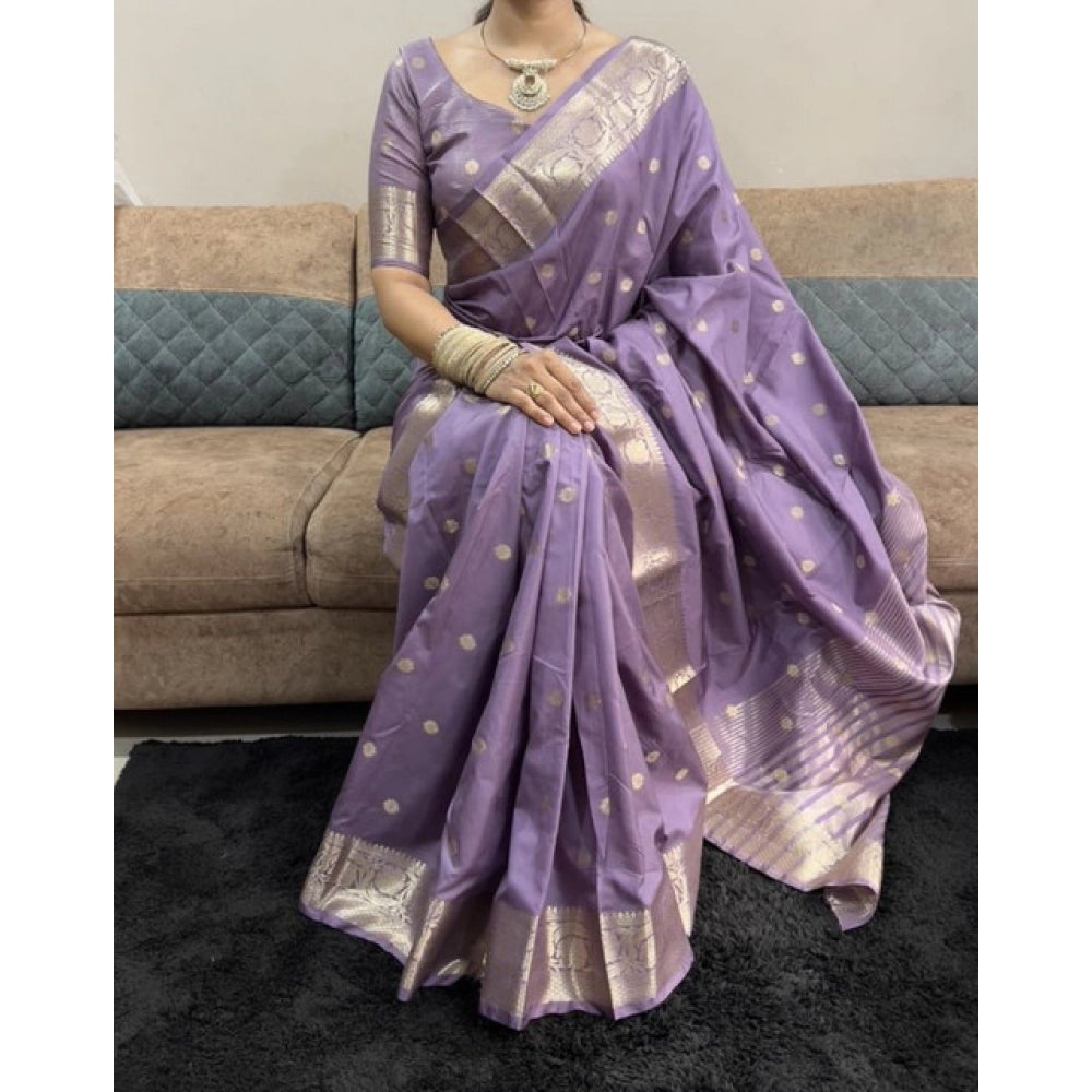 Women's Satin Printed Saree With Unstitched Blouse 5.5Mtr闁?Purple)