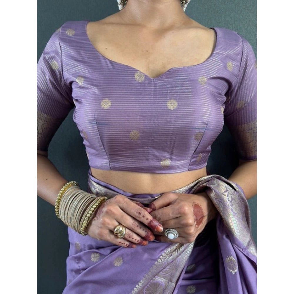 Women's Satin Printed Saree With Unstitched Blouse 5.5Mtr闁?Purple)