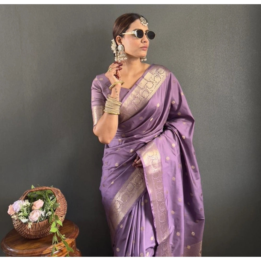 Women's Satin Printed Saree With Unstitched Blouse 5.5Mtr闁?Purple)