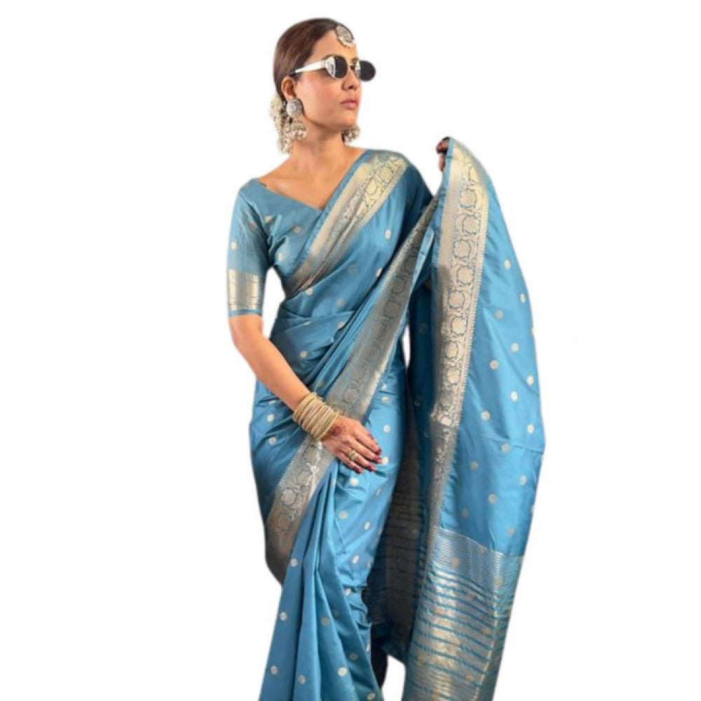 Women's Satin Printed Saree With Unstitched Blouse 5.5Mtr闁?light Blue)