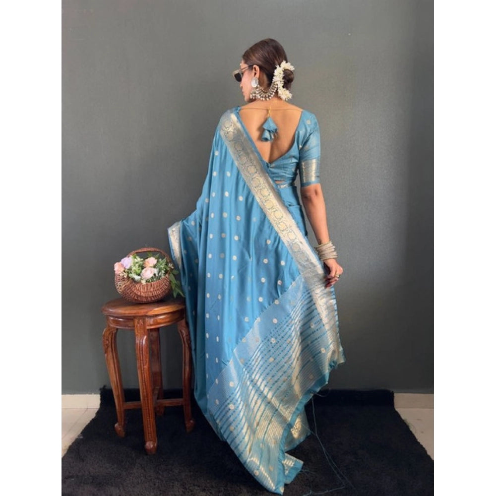 Women's Satin Printed Saree With Unstitched Blouse 5.5Mtr闁?light Blue)