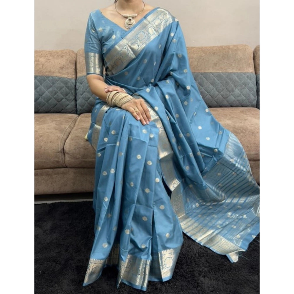 Women's Satin Printed Saree With Unstitched Blouse 5.5Mtr闁?light Blue)