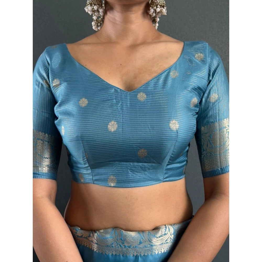 Women's Satin Printed Saree With Unstitched Blouse 5.5Mtr闁?light Blue)