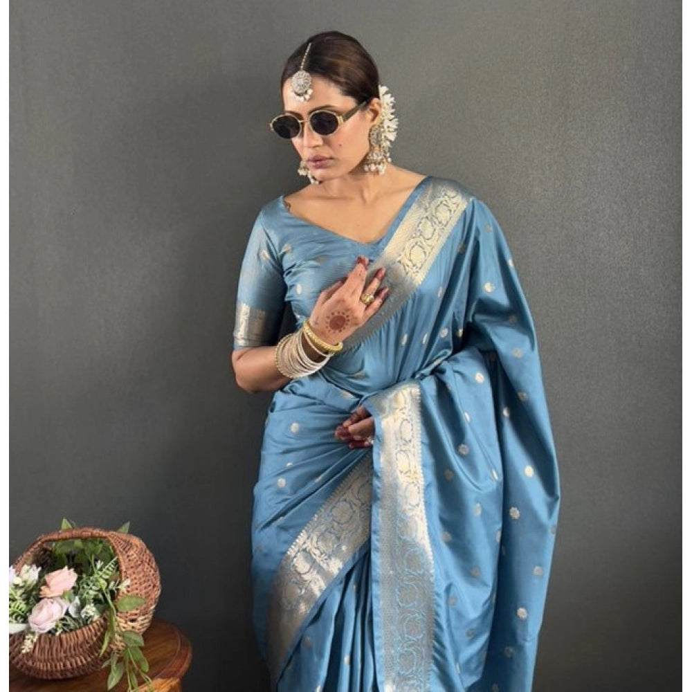Women's Satin Printed Saree With Unstitched Blouse 5.5Mtr闁?light Blue)