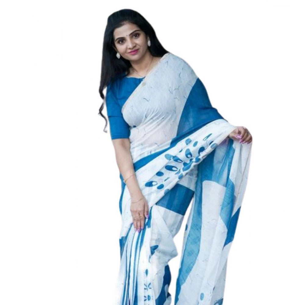Women's Linen Printed Saree With Unstitched Blouse 5.5Mtr闁?White)