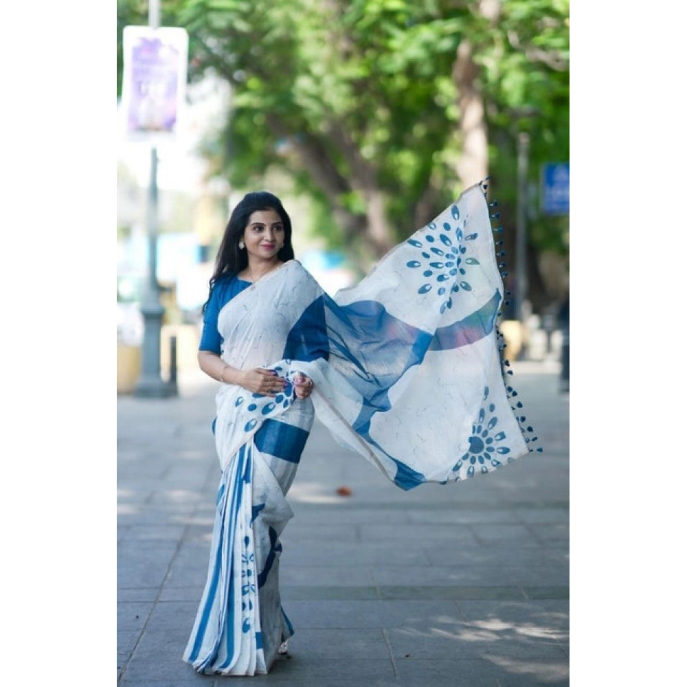 Women's Linen Printed Saree With Unstitched Blouse 5.5Mtr闁?White)