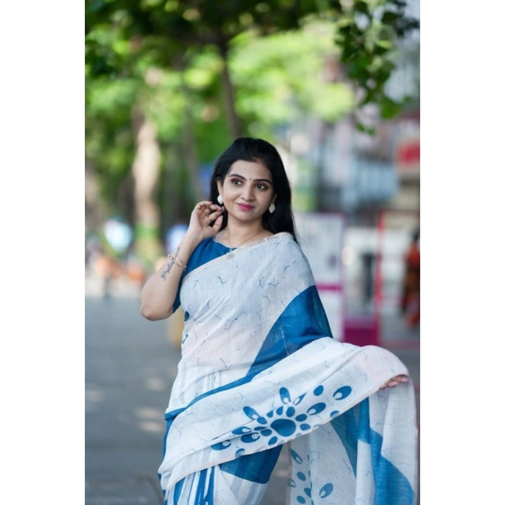 Women's Linen Printed Saree With Unstitched Blouse 5.5Mtr闁?White)
