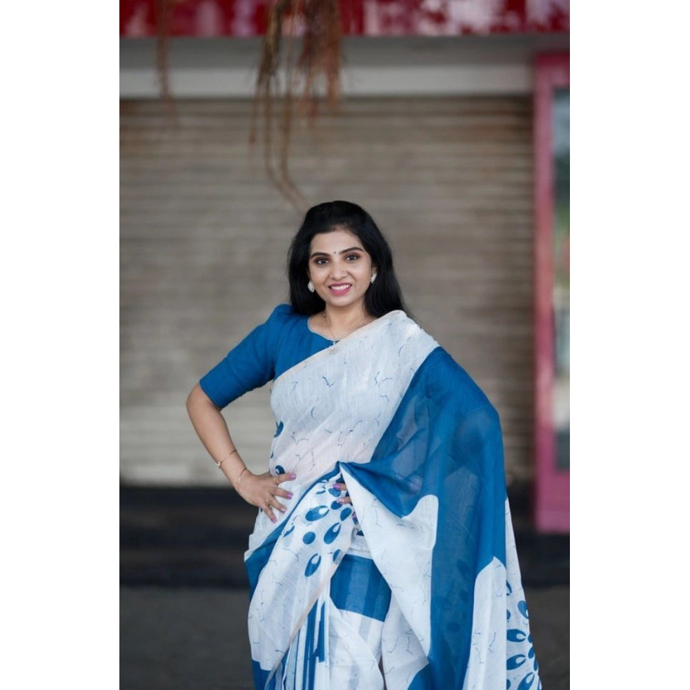 Women's Linen Printed Saree With Unstitched Blouse 5.5Mtr闁?White)