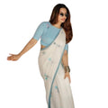 Women's Linen Printed Saree With Unstitched Blouse 5.5Mtr闁?White)