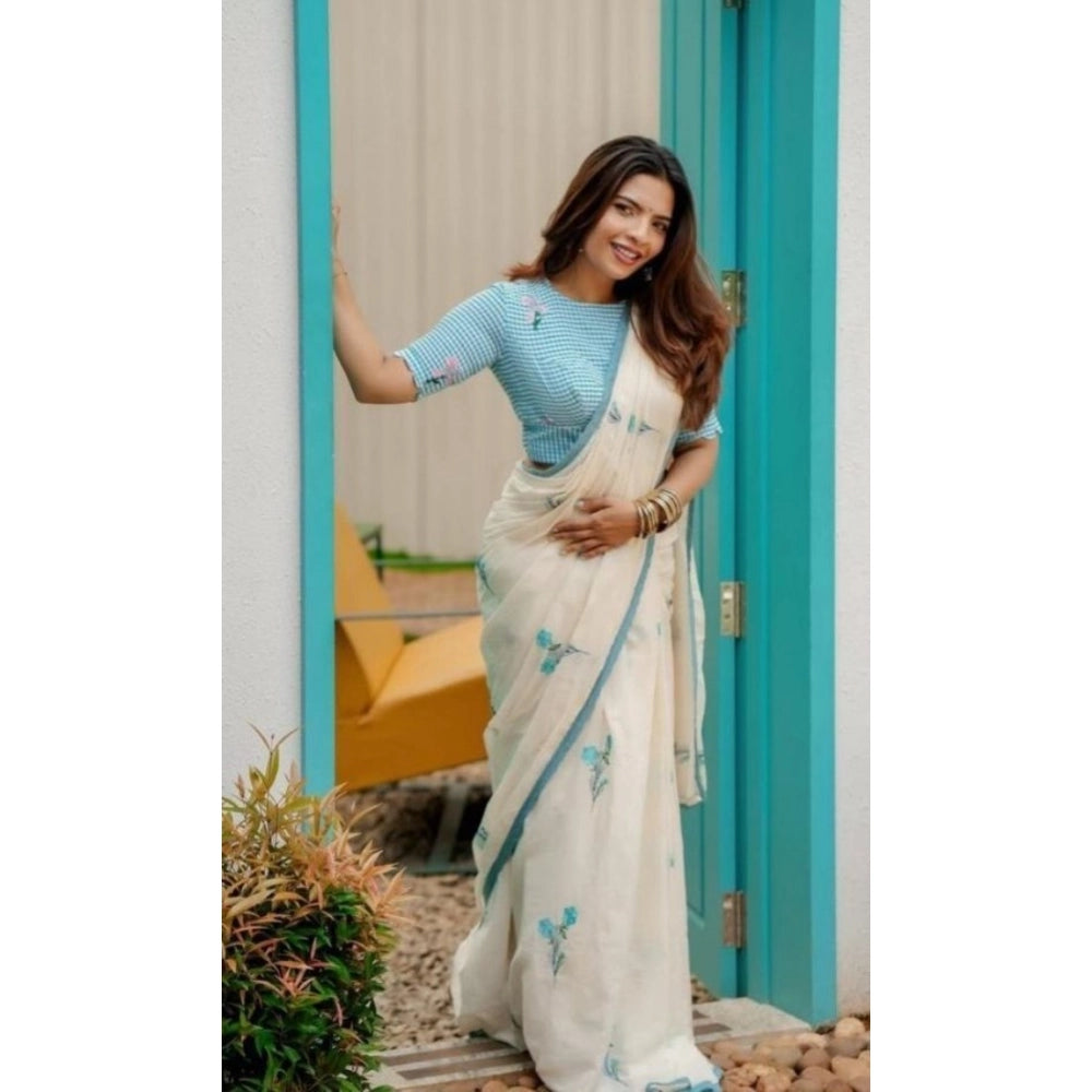 Women's Linen Printed Saree With Unstitched Blouse 5.5Mtr闁?White)