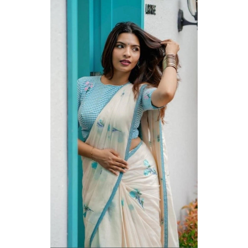 Women's Linen Printed Saree With Unstitched Blouse 5.5Mtr闁?White)