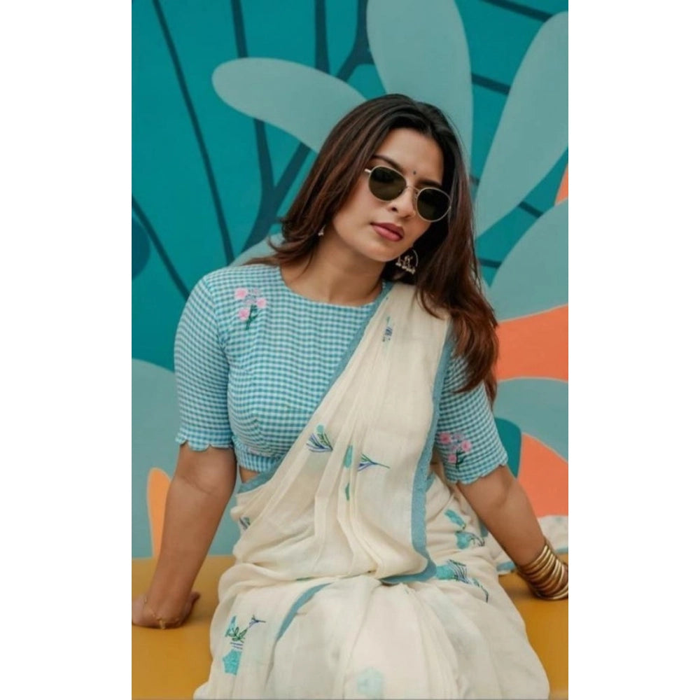 Women's Linen Printed Saree With Unstitched Blouse 5.5Mtr闁?White)