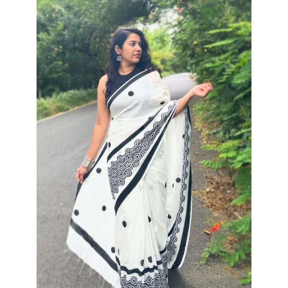 Women's Linen Printed Saree With Unstitched Blouse 5.5Mtr闁?White)