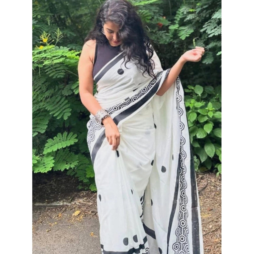 Women's Linen Printed Saree With Unstitched Blouse 5.5Mtr闁?White)