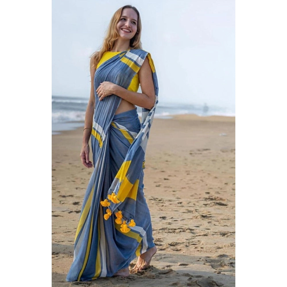 Women's Linen Printed Saree With Unstitched Blouse 5.5Mtr闁?Blue)