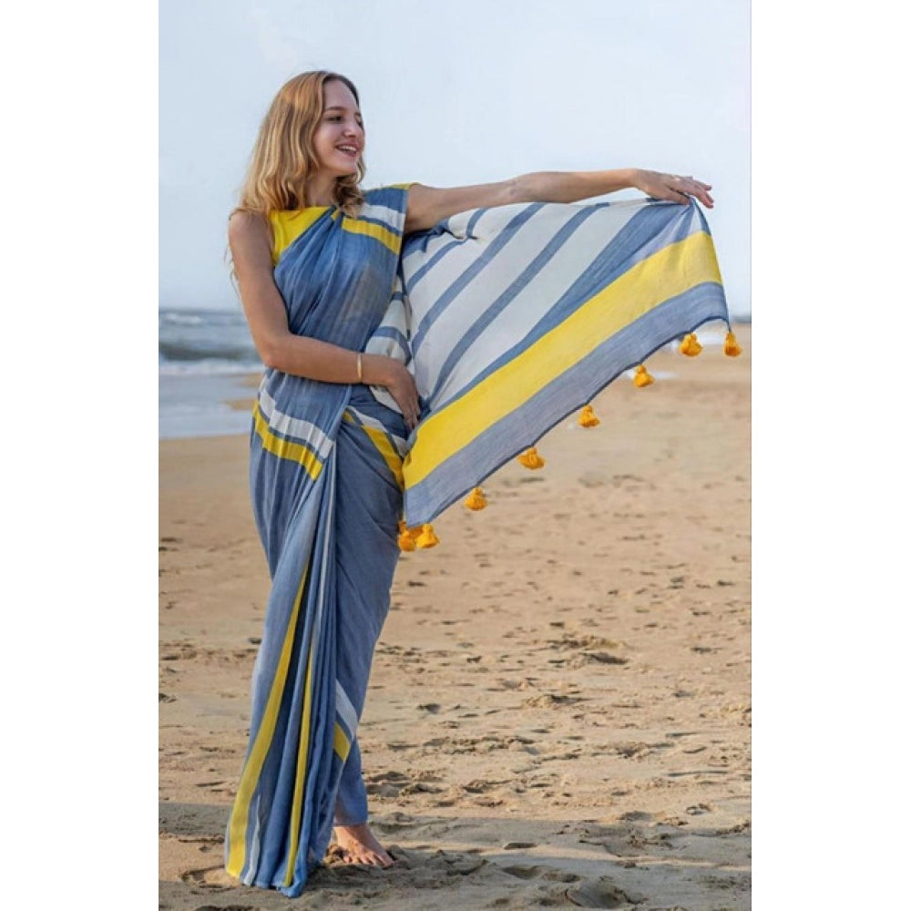 Women's Linen Printed Saree With Unstitched Blouse 5.5Mtr闁?Blue)