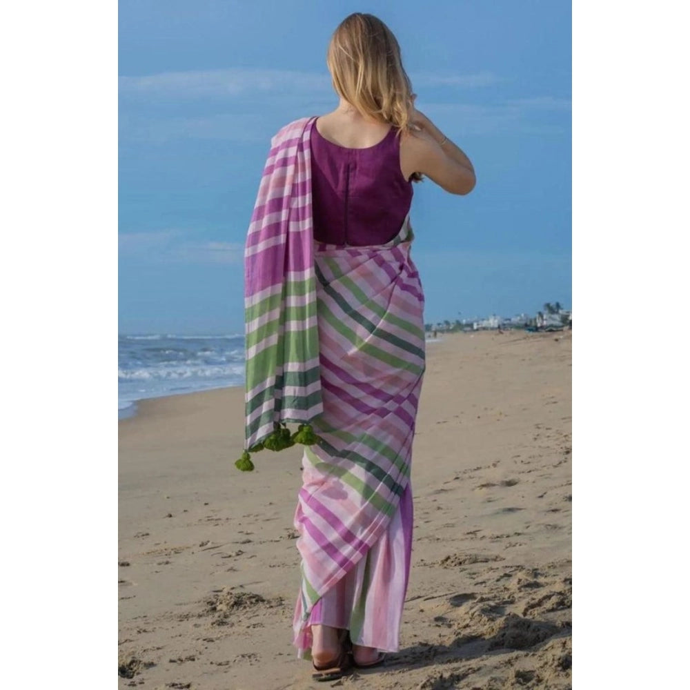 Women's Linen Printed Saree With Unstitched Blouse 5.5Mtr闁?Pink)
