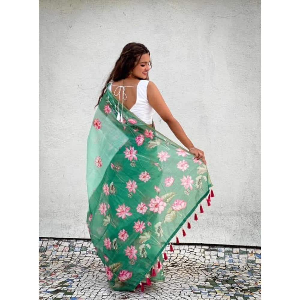 Women's Linen Printed Saree With Unstitched Blouse 5.5Mtr闁?Green)