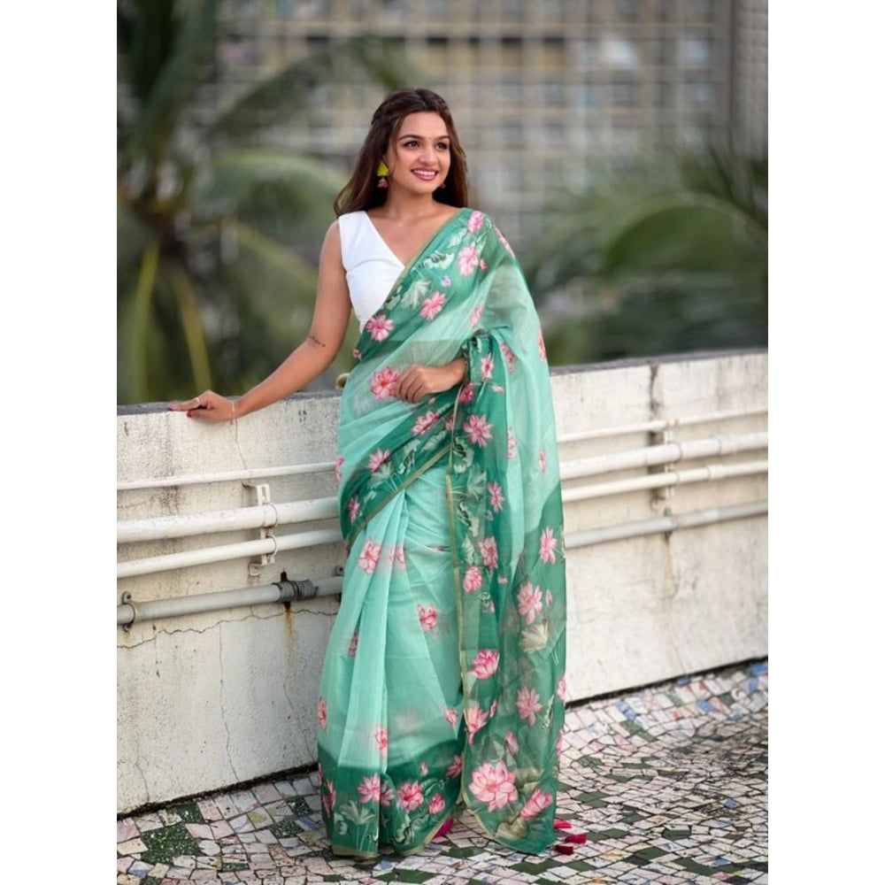 Women's Linen Printed Saree With Unstitched Blouse 5.5Mtr闁?Green)