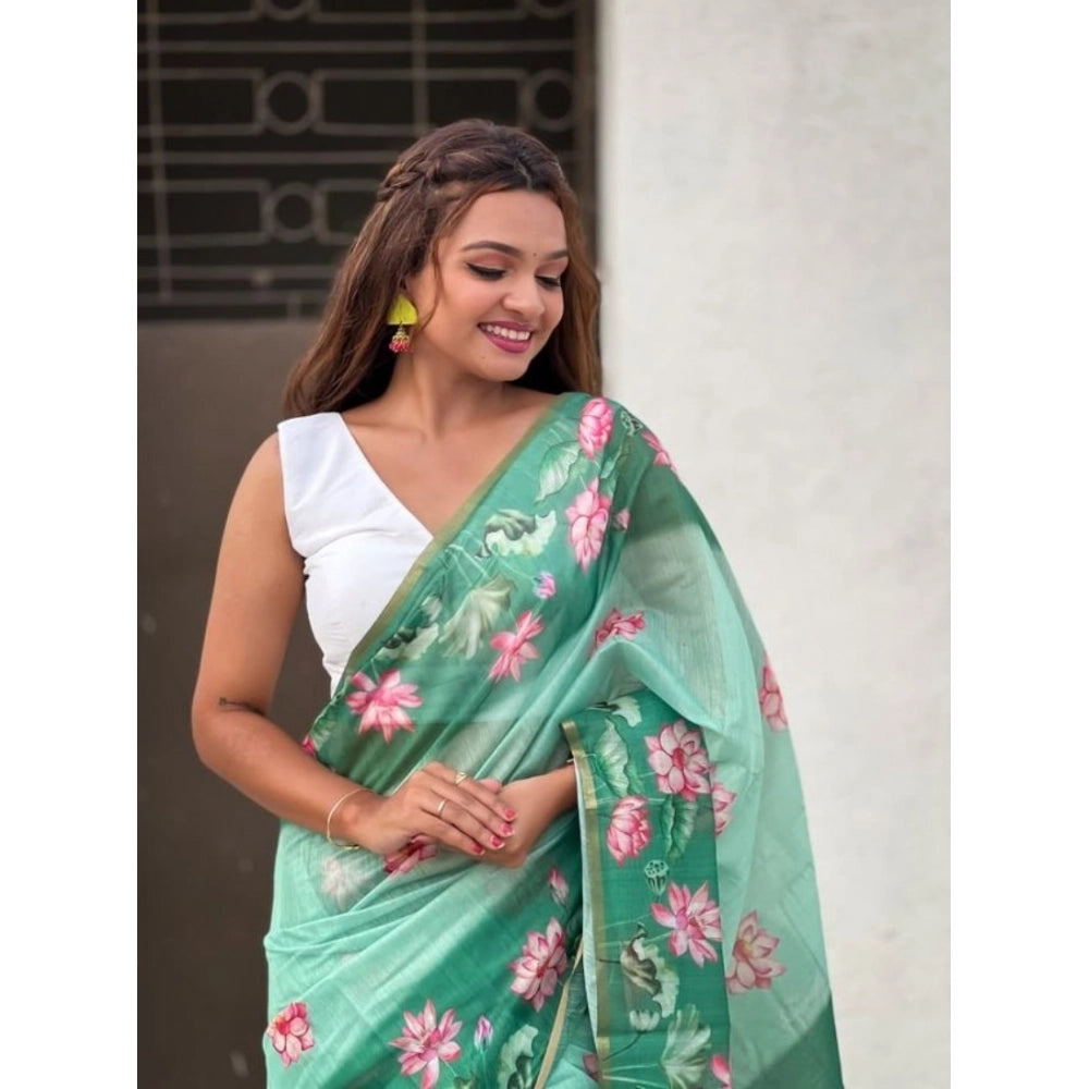 Women's Linen Printed Saree With Unstitched Blouse 5.5Mtr闁?Green)