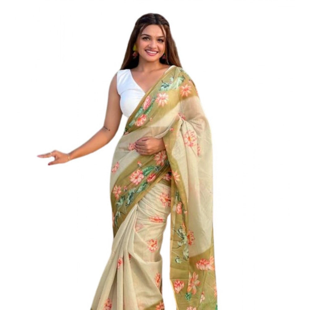 Women's Linen Printed Saree With Unstitched Blouse 5.5Mtr闁?Mahendi)