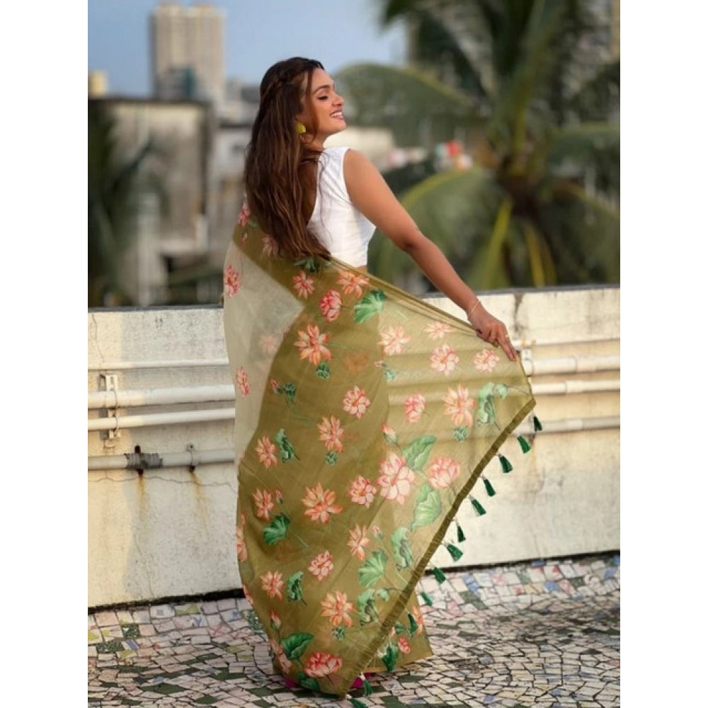 Women's Linen Printed Saree With Unstitched Blouse 5.5Mtr闁?Mahendi)