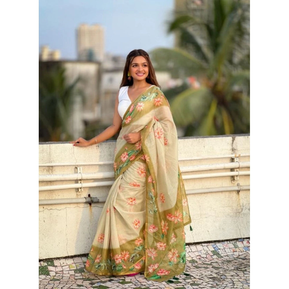 Women's Linen Printed Saree With Unstitched Blouse 5.5Mtr闁?Mahendi)