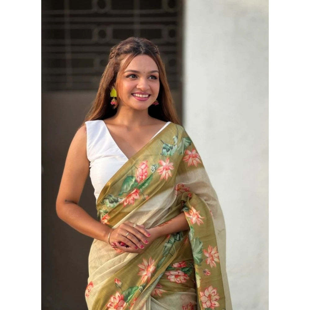 Women's Linen Printed Saree With Unstitched Blouse 5.5Mtr闁?Mahendi)