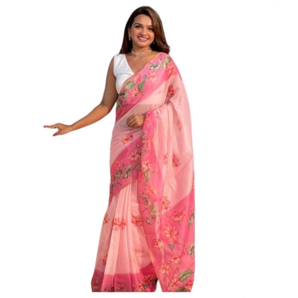 Women's Linen Printed Saree With Unstitched Blouse 5.5Mtr闁?Pink)