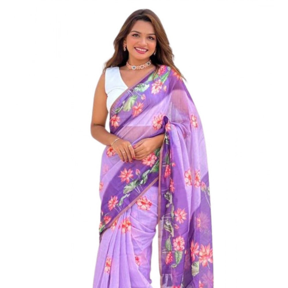 Women's Linen Printed Saree With Unstitched Blouse 5.5Mtr闁?Purple)