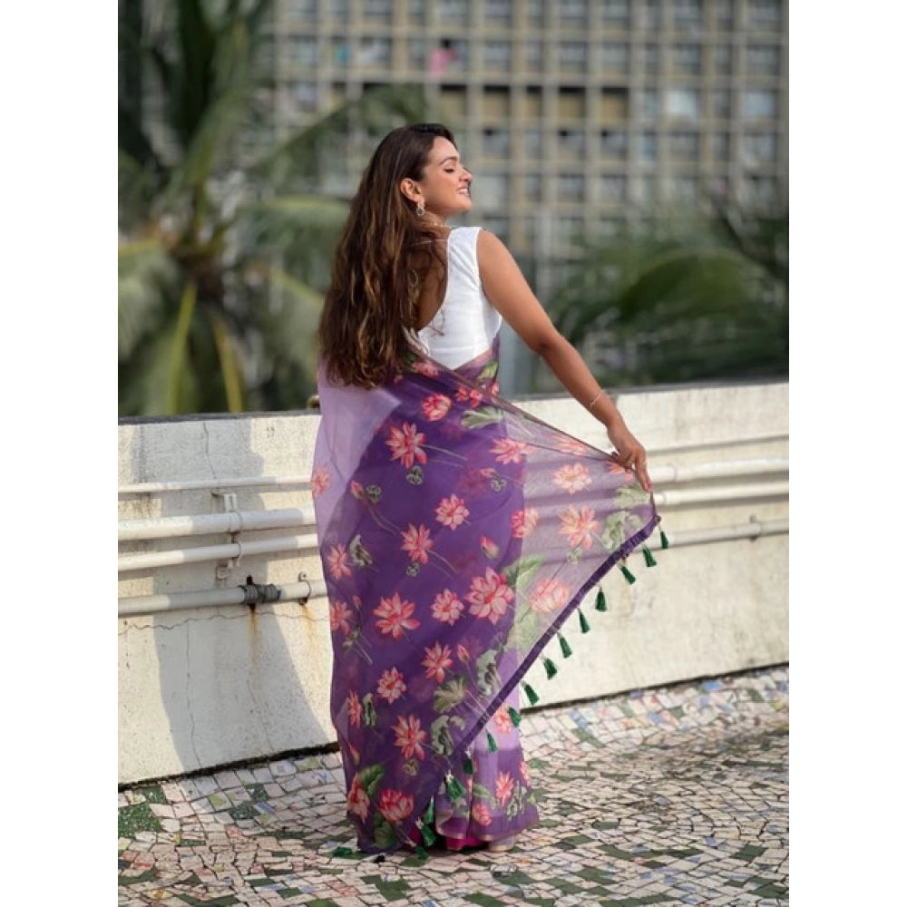 Women's Linen Printed Saree With Unstitched Blouse 5.5Mtr闁?Purple)