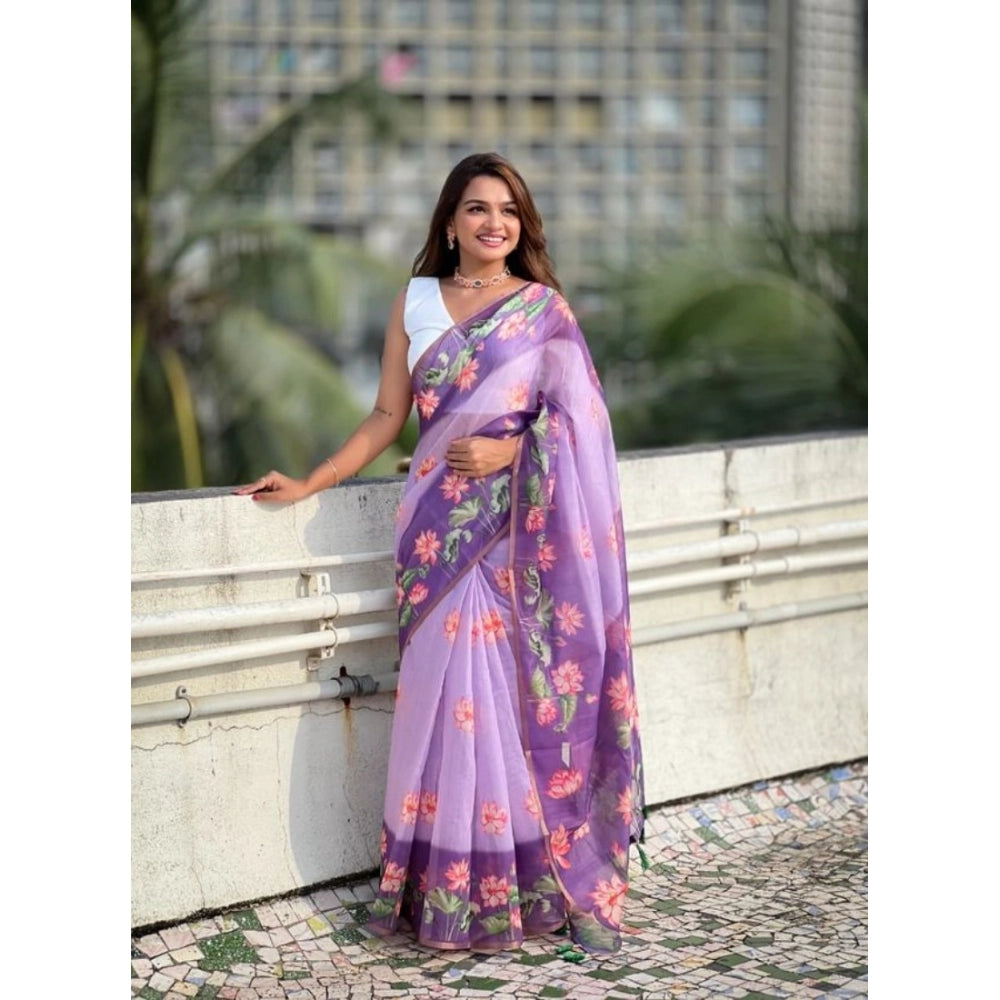Women's Linen Printed Saree With Unstitched Blouse 5.5Mtr闁?Purple)