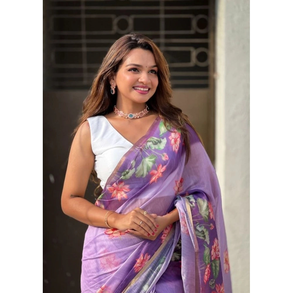 Women's Linen Printed Saree With Unstitched Blouse 5.5Mtr闁?Purple)